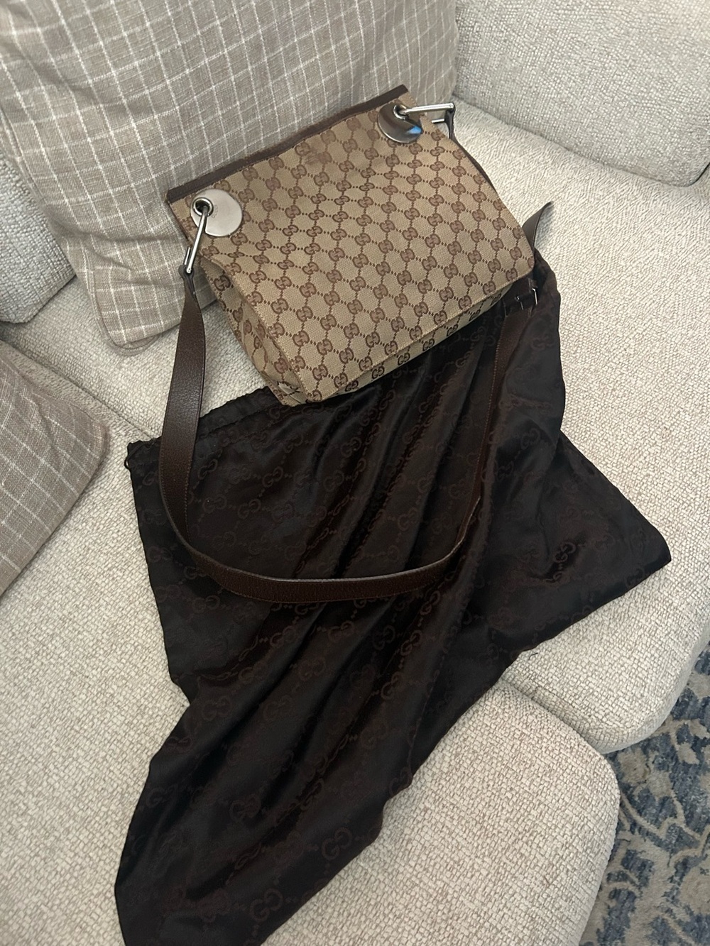 Authenticated by Poshmark! Gucci Beige Brown Monogram Shoulder Bag with duster.